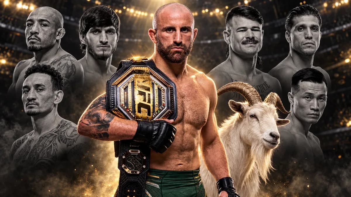 Alexander Volkanovski posa con el cinturón de campeón de peso pluma de UFC junto a una cabra, símbolo del GOAT. Detrás aparecen en blanco y negro seis rivales a los que derrotó.