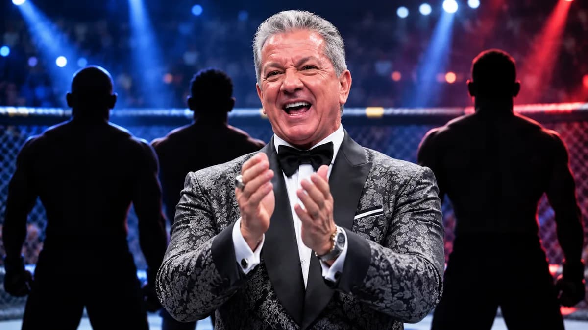 Bruce Buffer aparece aplaudiendo de frente mientras tres peleadores, representados como siluetas negras, permanecen de espaldas en un octágono de UFC.