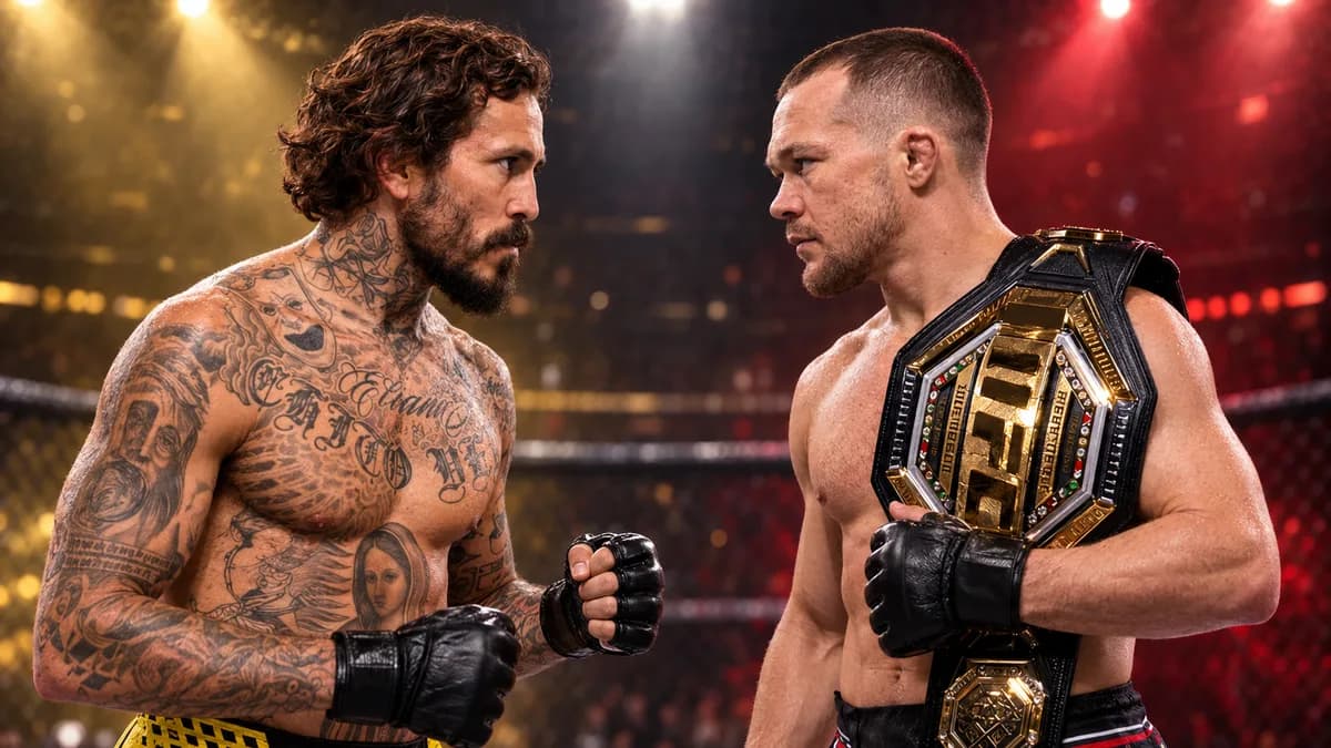 Marlon ‘Chito’ Vera y Petr Yan frente a frente. El peleador ruso lleva el cinturón de campeón de peso gallo de UFC sobre el hombro.