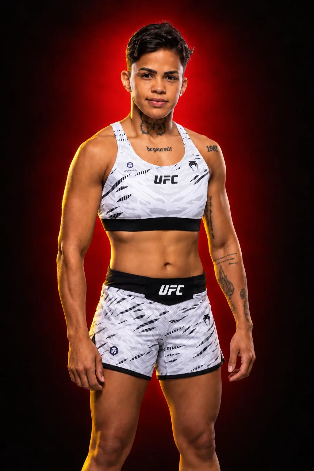 Iasmin Lucindo con conjunto blanco de UFC y tatuajes visibles sobre un fondo rojo.