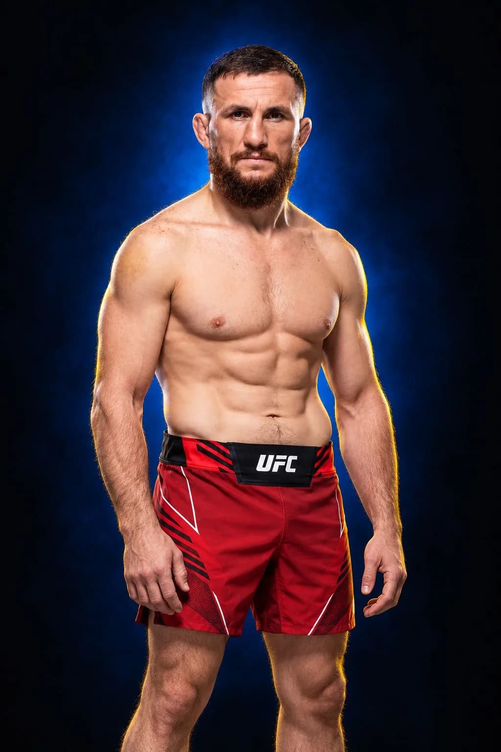 Merab Dvalishvili con torso descubierto y pantalón rojo sobre un fondo azul
