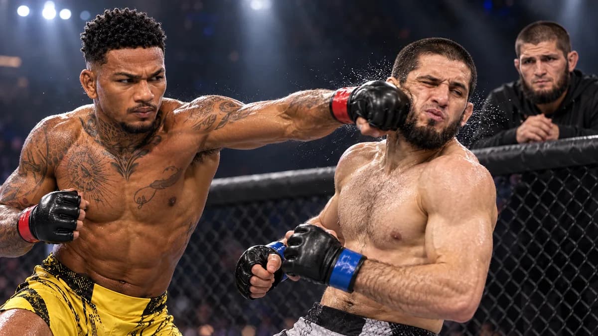 Montaje de Michael Morales conectando un golpe a Islam Makhachev, mientras Khabib Nurmagomedov observa preocupado al fondo.