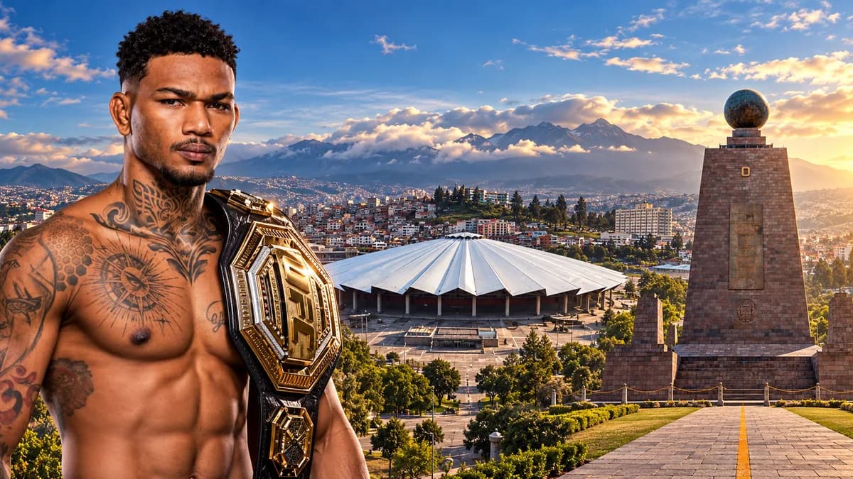 Montaje de Michael Morales con un cinturón de UFC sobre el hombro, junto al Coliseo General Rumiñahui.