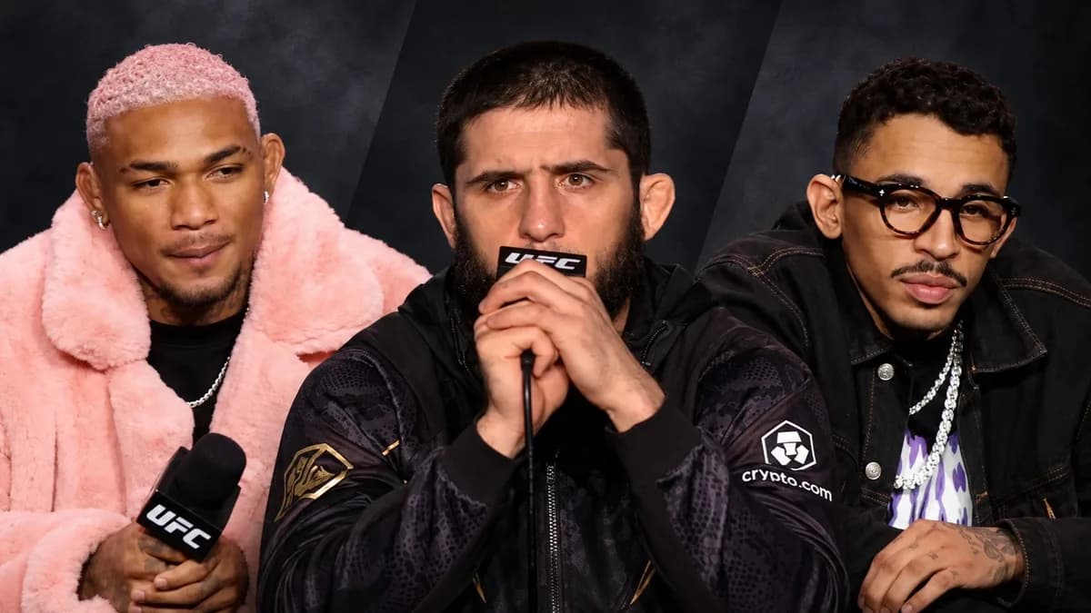 Montaje de Michael Morales a la izquierda, Islam Makhachev en el centro y Carlos Prates a la derecha.