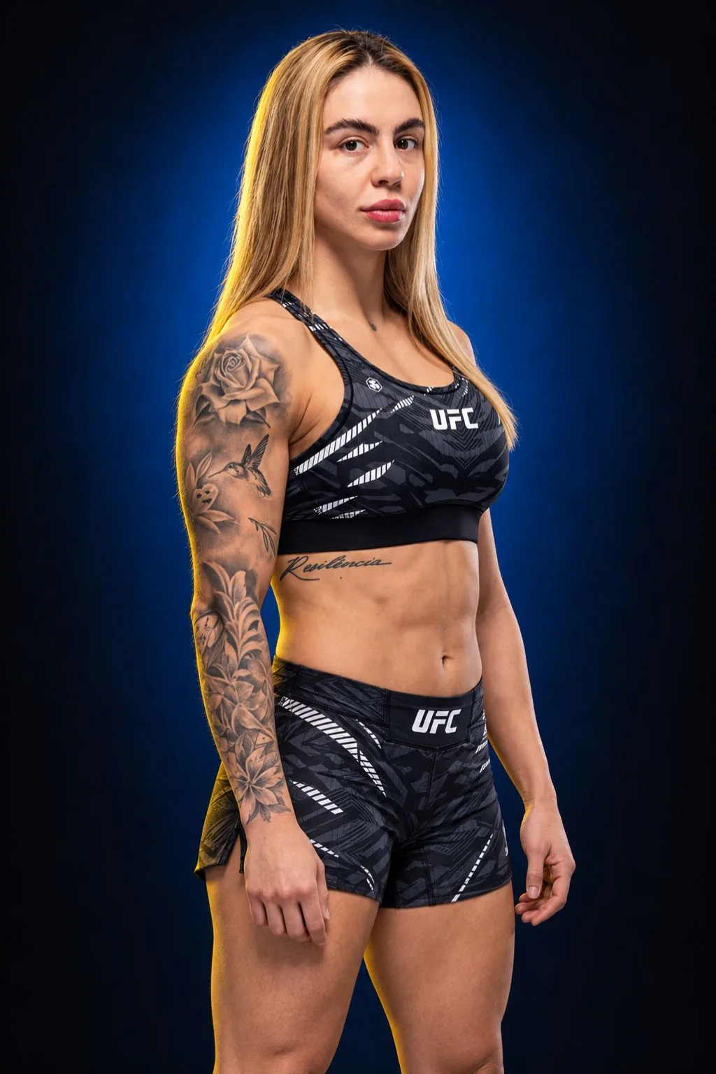 Nicolle Caliari con conjunto negro de UFC, cabello rubio y brazo tatuado sobre un fondo azul.