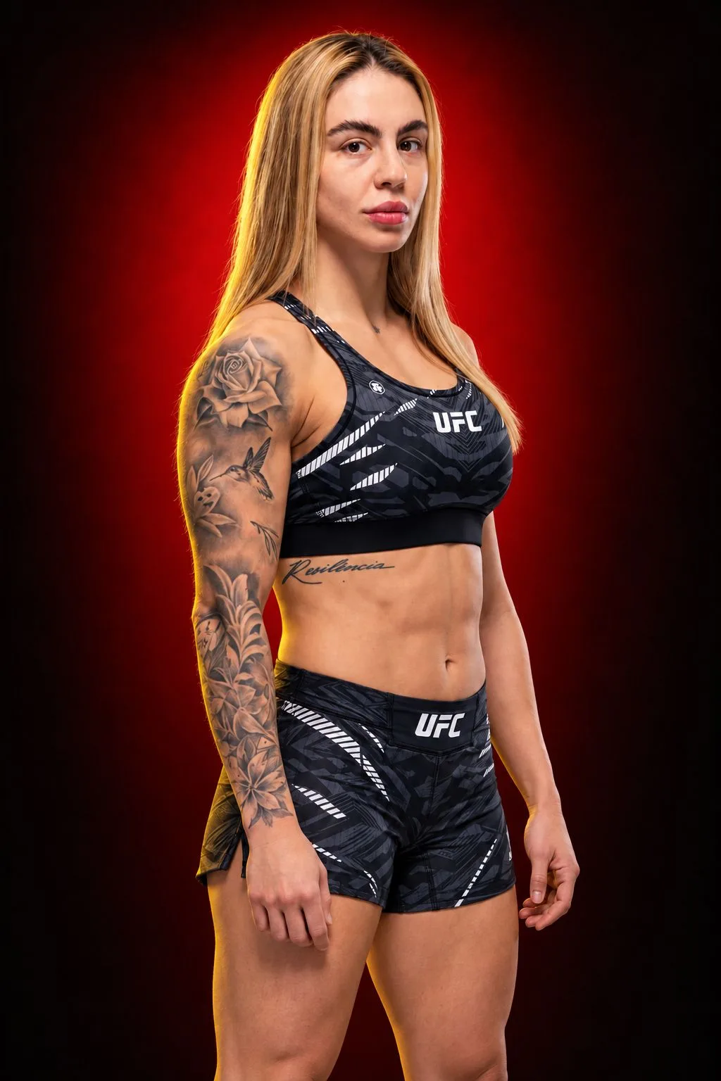 Nicolle Caliari con conjunto negro de UFC, cabello rubio y brazo tatuado sobre un fondo rojo.
