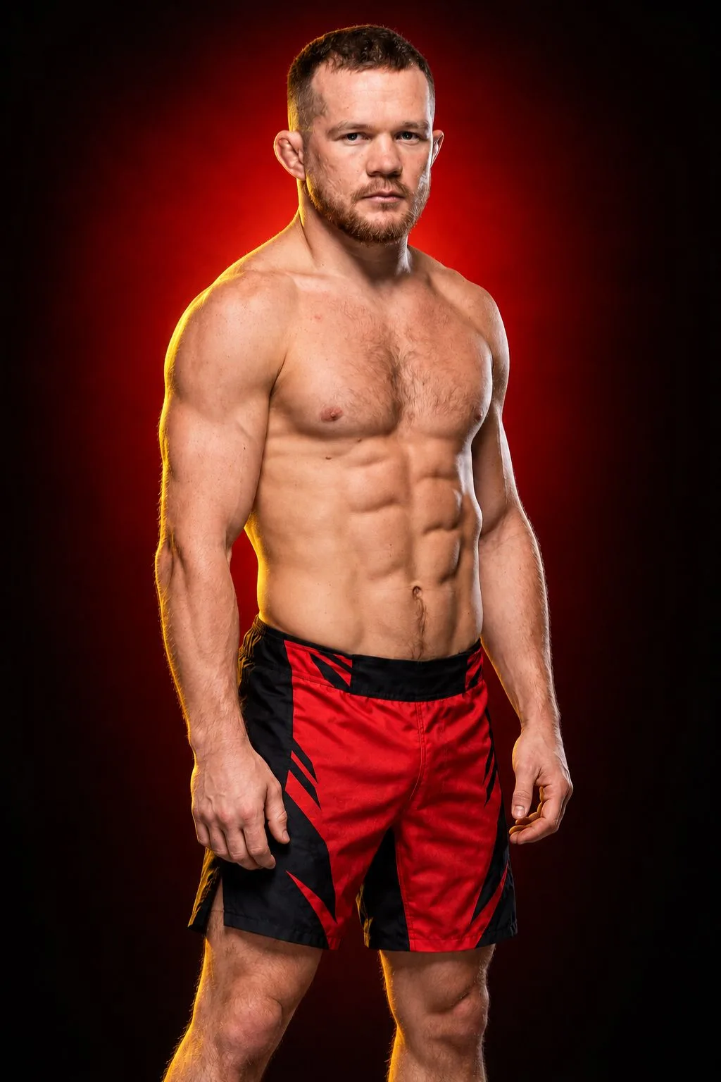 Petr Yan con torso descubierto y pantalón rojo y negro sobre un fondo rojo.