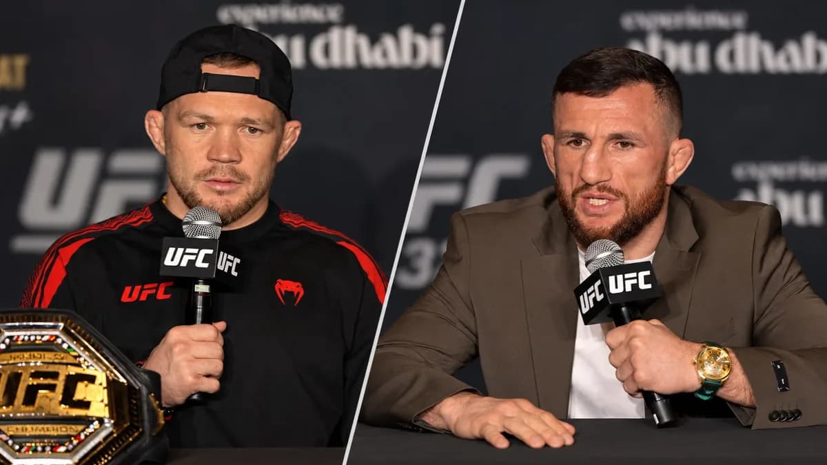 Montaje con división diagonal de Petr Yan y Merab Dvalishvili hablando con micrófonos de UFC.
