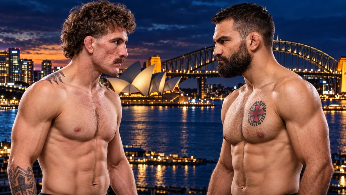 Montaje editorial de Quillan Salkilld y Benoît Saint Denis frente a frente, con la Ópera de Sídney y el Harbour Bridge de fondo, antes de su pelea estelar en UFC Fight Night Sídney 2027.