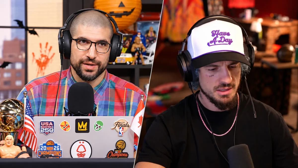 Ariel Helwani y Sean O’Malley durante una entrevista, en un montaje con división diagonal.