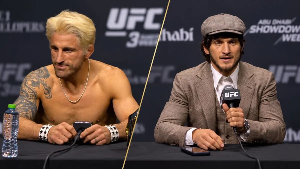 Montaje diagonal de Volkanovski con peluca rubia y Evloev con traje a cuadros y gorra en la conferencia de UFC 333.