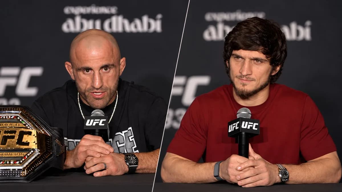 Montaje con división diagonal de Volkanovski y Evloev durante sus entrevistas, ambos con micrófonos de UFC.